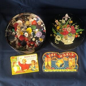 Vintage buttons - 200 + & floral tin, needles circa 1950